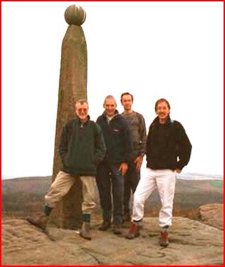 Mick, Peter, Ray, Larry and the Nelson Monument on Birchen Edge.
